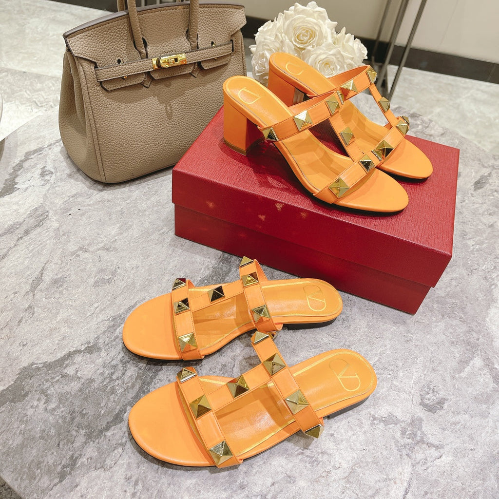 ROMAN STUD MANGO ORANGE CALFSKIN FLAT SLIDE SANDAL 25 MM