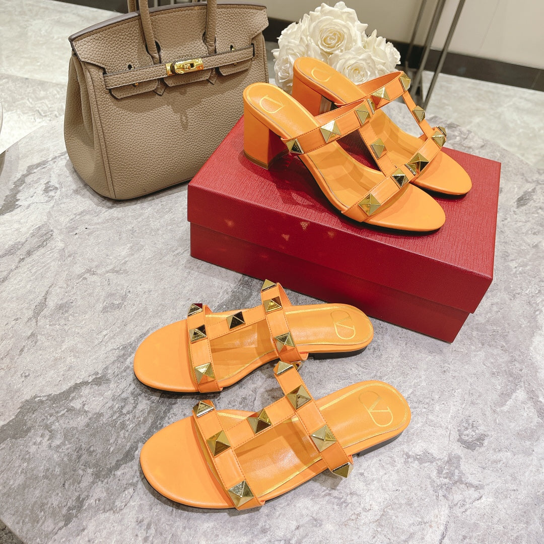 ROMAN STUD MANGO ORANGE CALFSKIN FLAT SLIDE SANDAL 25 MM