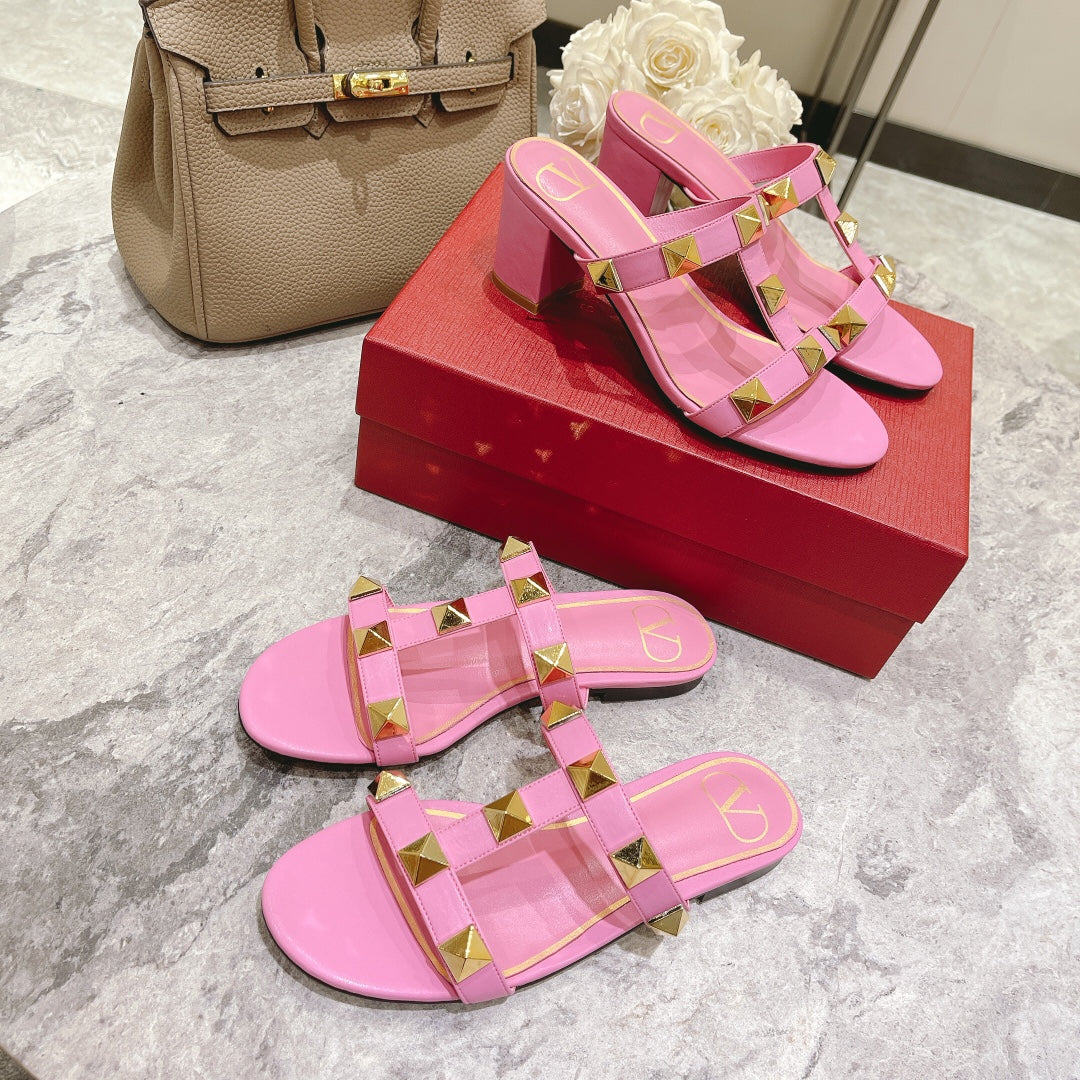 ROMAN STUD BRIGHT PINK CALFSKIN FLAT SLIDE SANDAL 25 MM