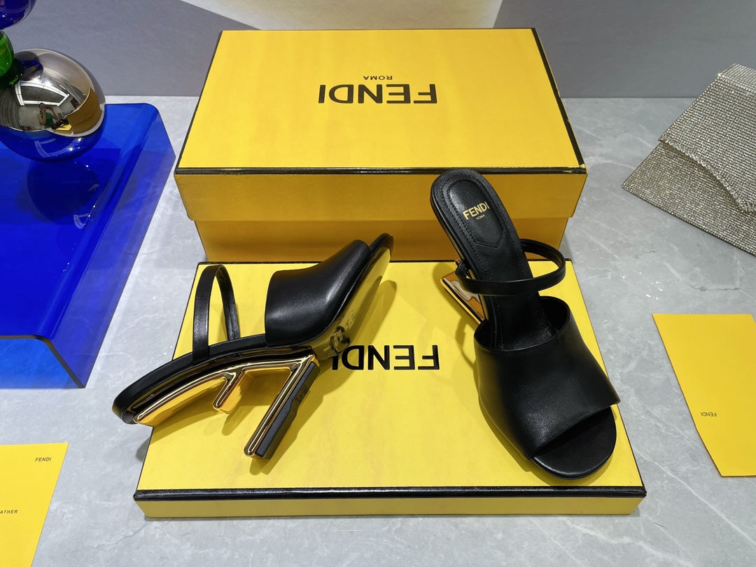 FENDI FIRST 95 MM HIGH-HEELED SANDAL IN BLACK LAMBSKIN GOLD HARDWARE