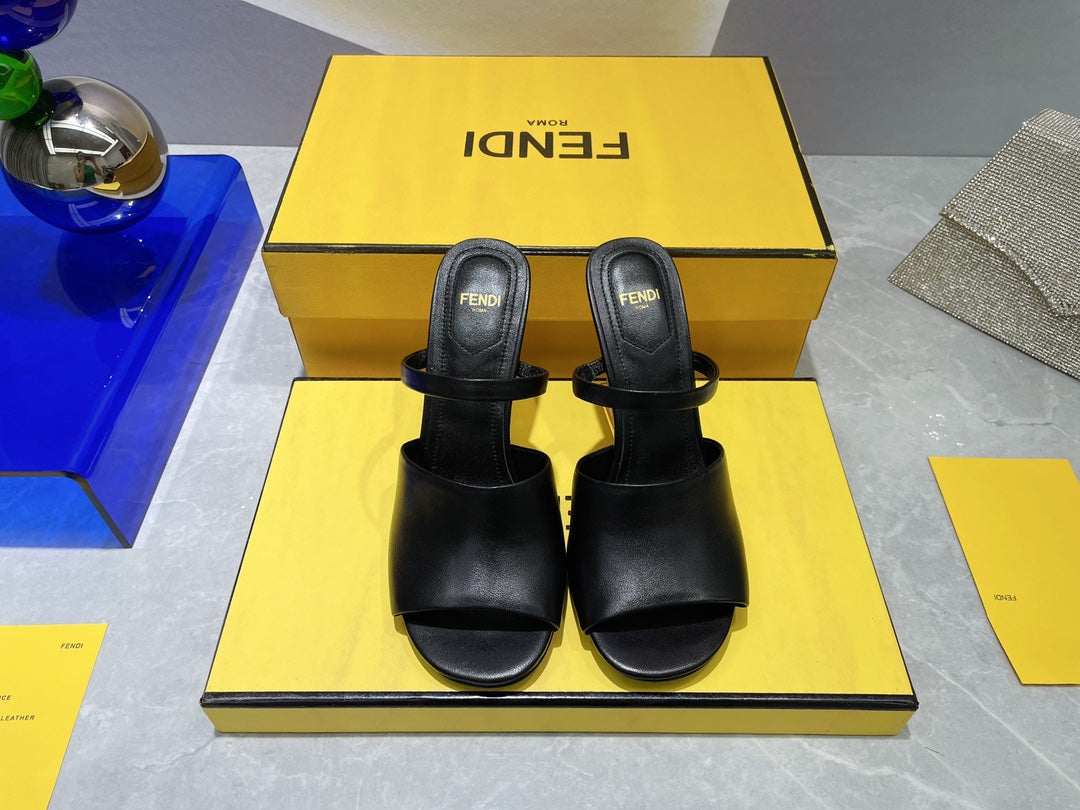 FENDI FIRST 95 MM HIGH-HEELED SANDAL IN BLACK LAMBSKIN GOLD HARDWARE