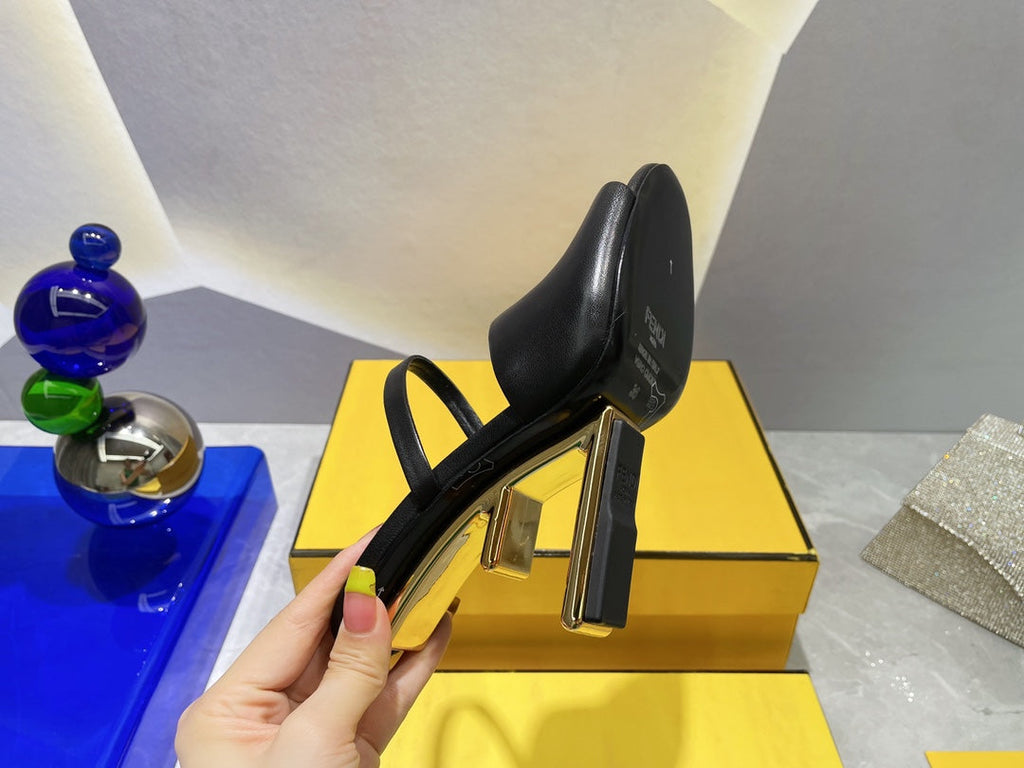 FENDI FIRST 95 MM HIGH-HEELED SANDAL IN BLACK LAMBSKIN GOLD HARDWARE