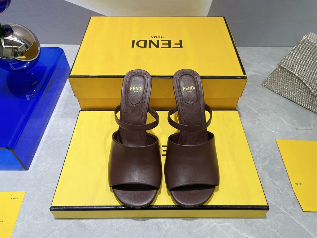 FENDI FIRST 95 MM HIGH-HEELED SANDAL IN CHOCOLATE BROWN LAMBSKIN GOLD HARDWARE