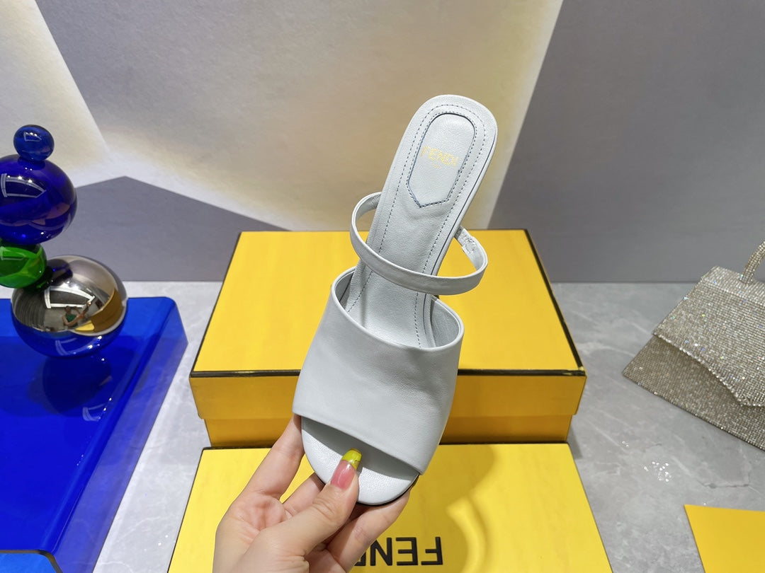 FENDI FIRST 95 MM HIGH-HEELED SANDAL IN CLOUD GREY LAMBSKIN GOLD HARDWARE