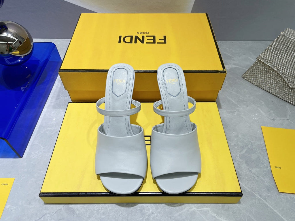 FENDI FIRST 95 MM HIGH-HEELED SANDAL IN CLOUD GREY LAMBSKIN GOLD HARDWARE