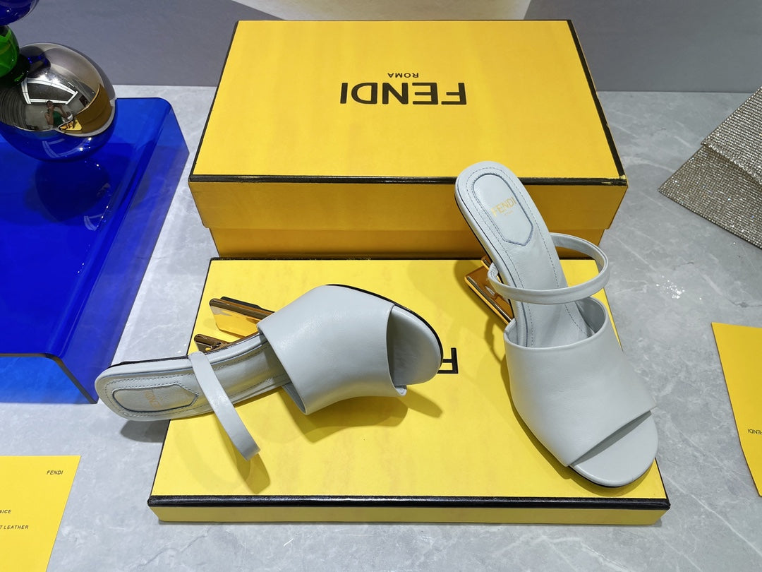 FENDI FIRST 95 MM HIGH-HEELED SANDAL IN CLOUD GREY LAMBSKIN GOLD HARDWARE