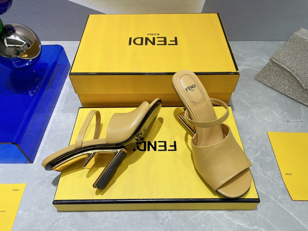 FENDI FIRST 95 MM HIGH-HEELED SANDAL IN MUSTARD YELLOW LAMBSKIN GOLD HARDWARE