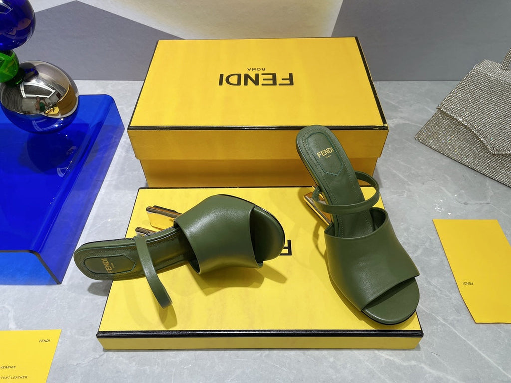 FENDI FIRST 95 MM HIGH-HEELED SANDAL IN OLIVE GREEN LAMBSKIN GOLD HARDWARE