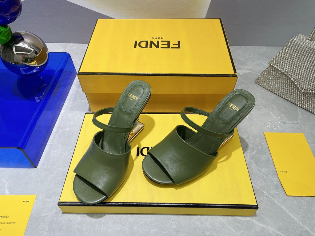 FENDI FIRST 95 MM HIGH-HEELED SANDAL IN OLIVE GREEN LAMBSKIN GOLD HARDWARE