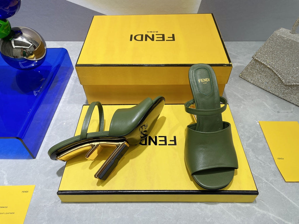 FENDI FIRST 95 MM HIGH-HEELED SANDAL IN OLIVE GREEN LAMBSKIN GOLD HARDWARE