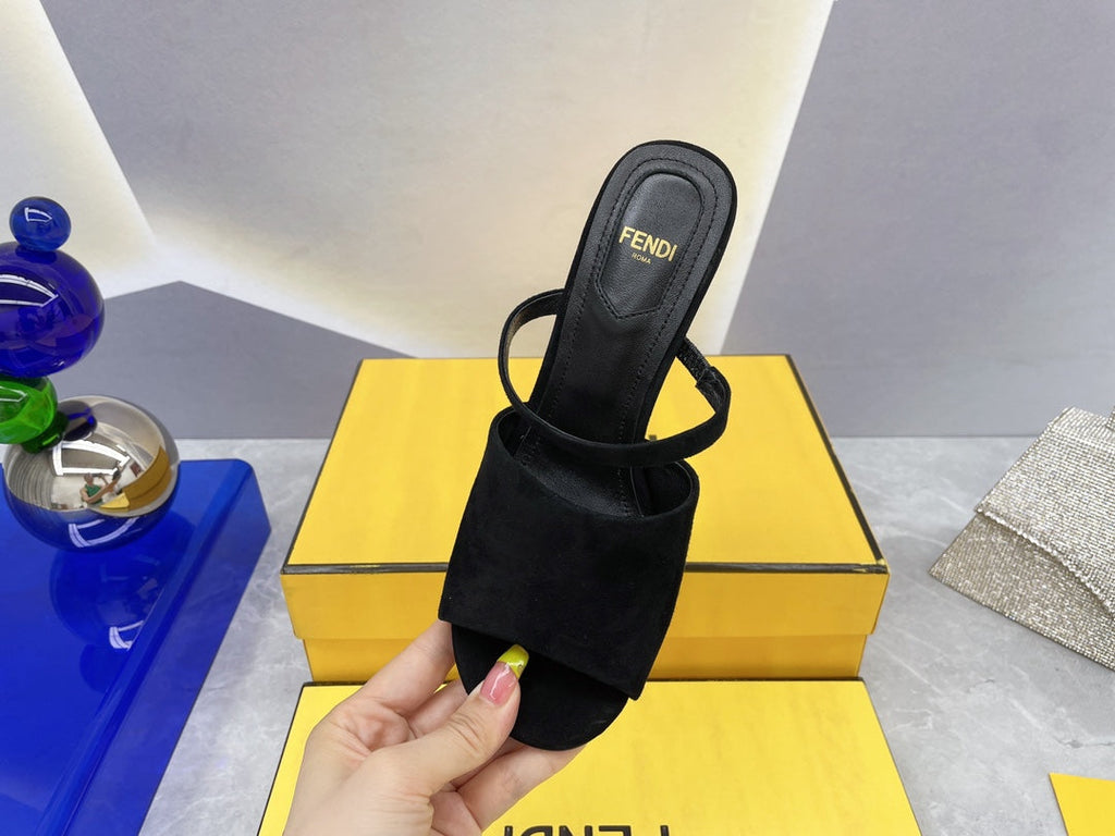 FENDI FIRST 95 MM HIGH-HEELED SANDAL IN BLACK SUEDE GOLD HARDWARE