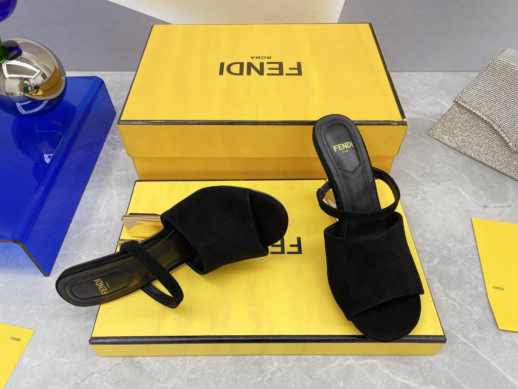 FENDI FIRST 95 MM HIGH-HEELED SANDAL IN BLACK SUEDE GOLD HARDWARE