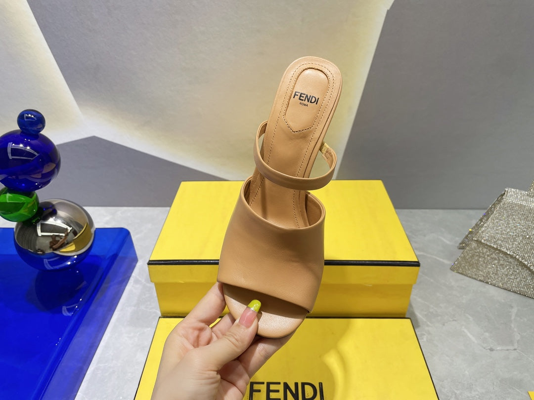 FENDI FIRST 95 MM HIGH-HEELED SANDAL IN CAMEL BROWN LAMBSKIN GOLD HARDWARE