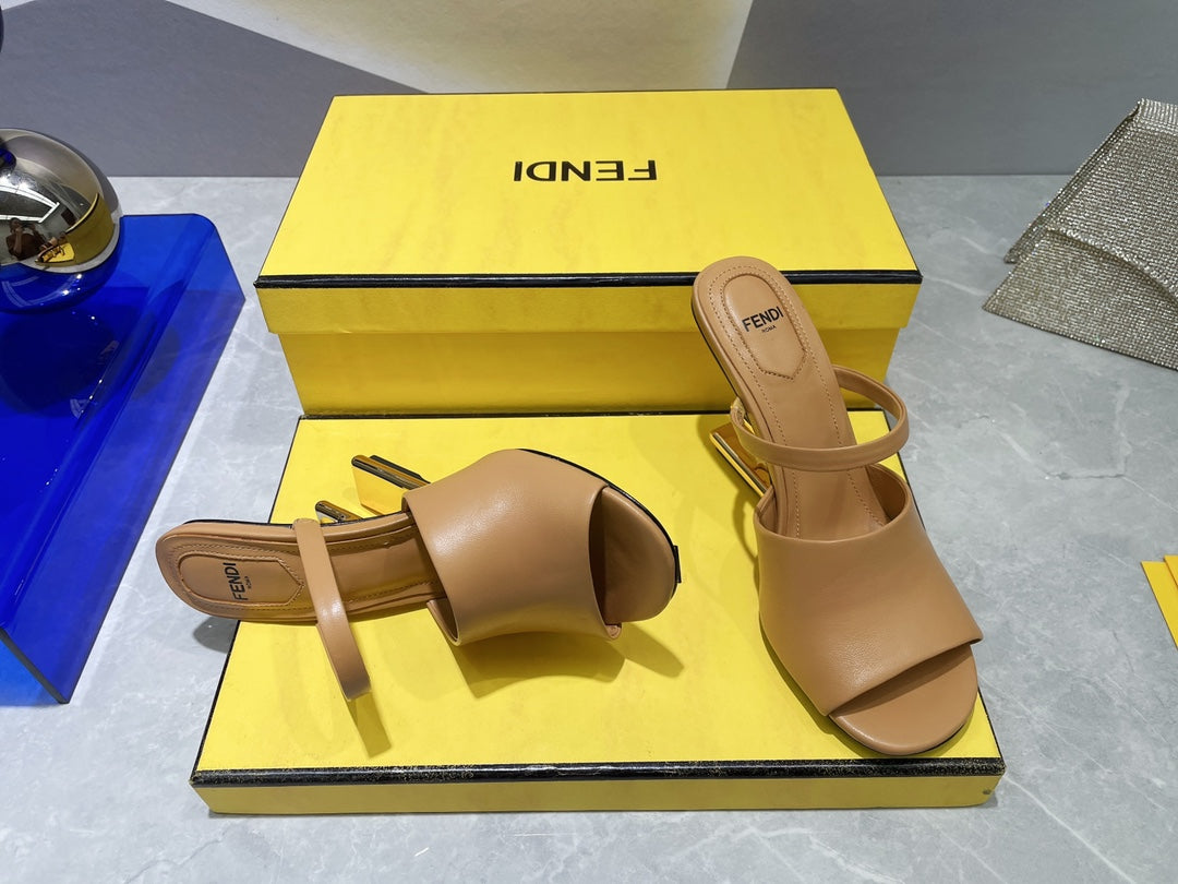 FENDI FIRST 95 MM HIGH-HEELED SANDAL IN CAMEL BROWN LAMBSKIN GOLD HARDWARE