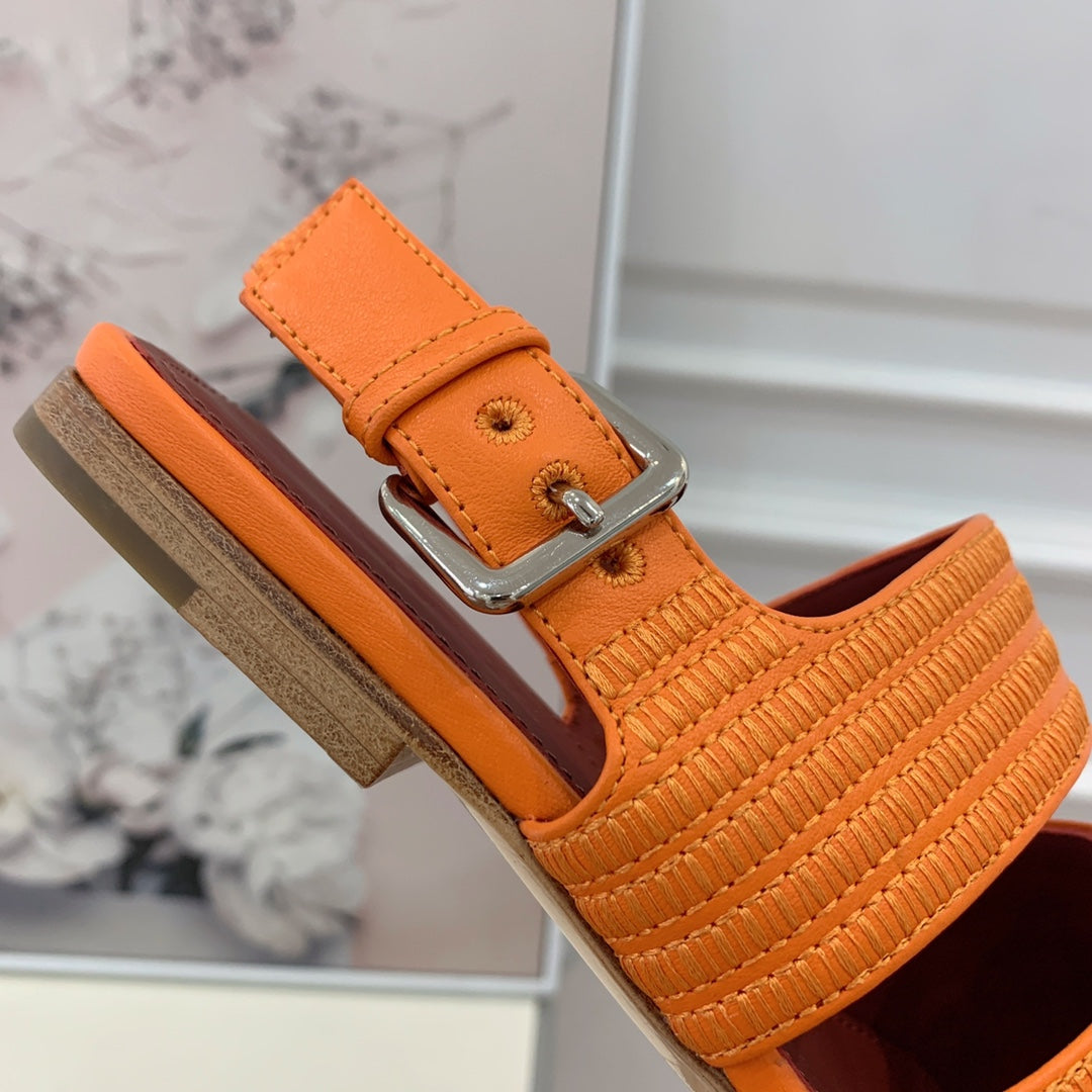 LP RAFFIA CHARMS STRAP FLATS SANDAL ORANGE CALFSKIN