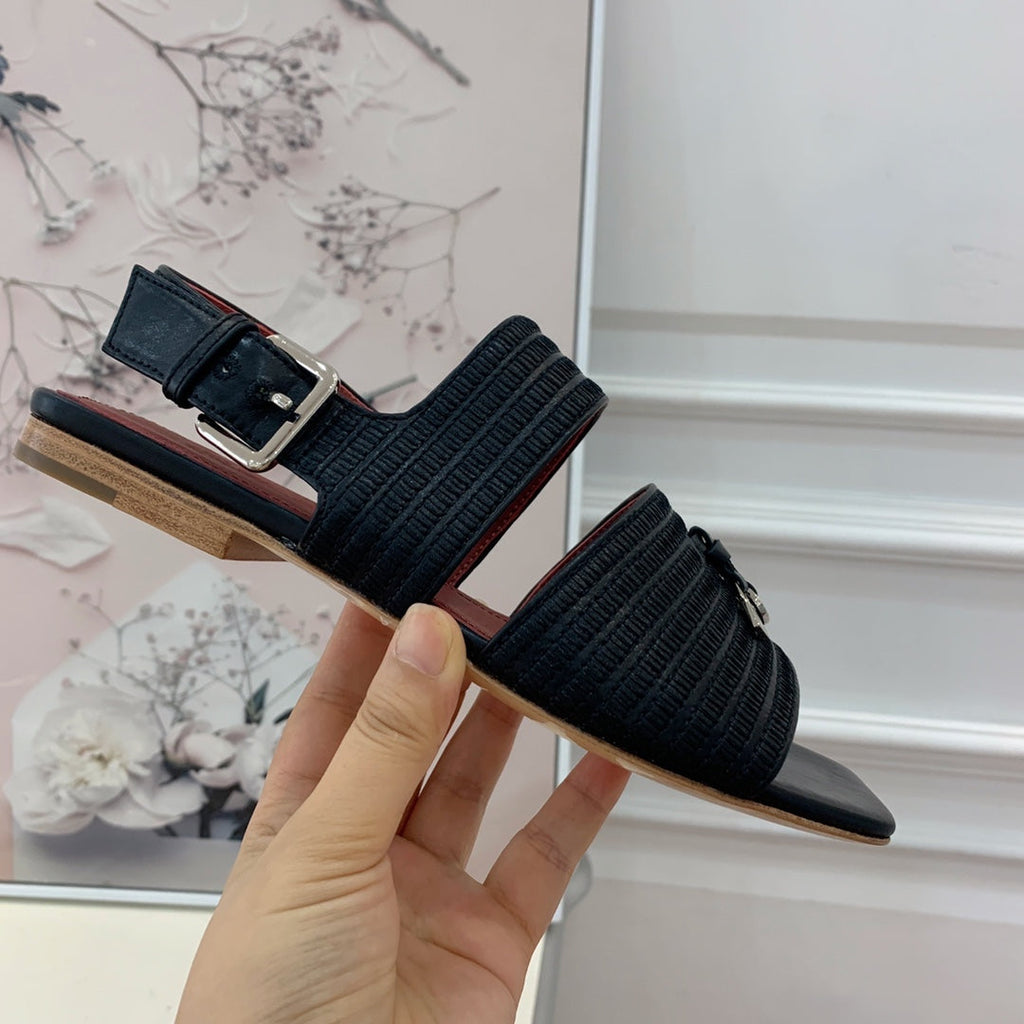 LP RAFFIA CHARMS STRAP FLATS SANDAL BLACK CALFSKIN