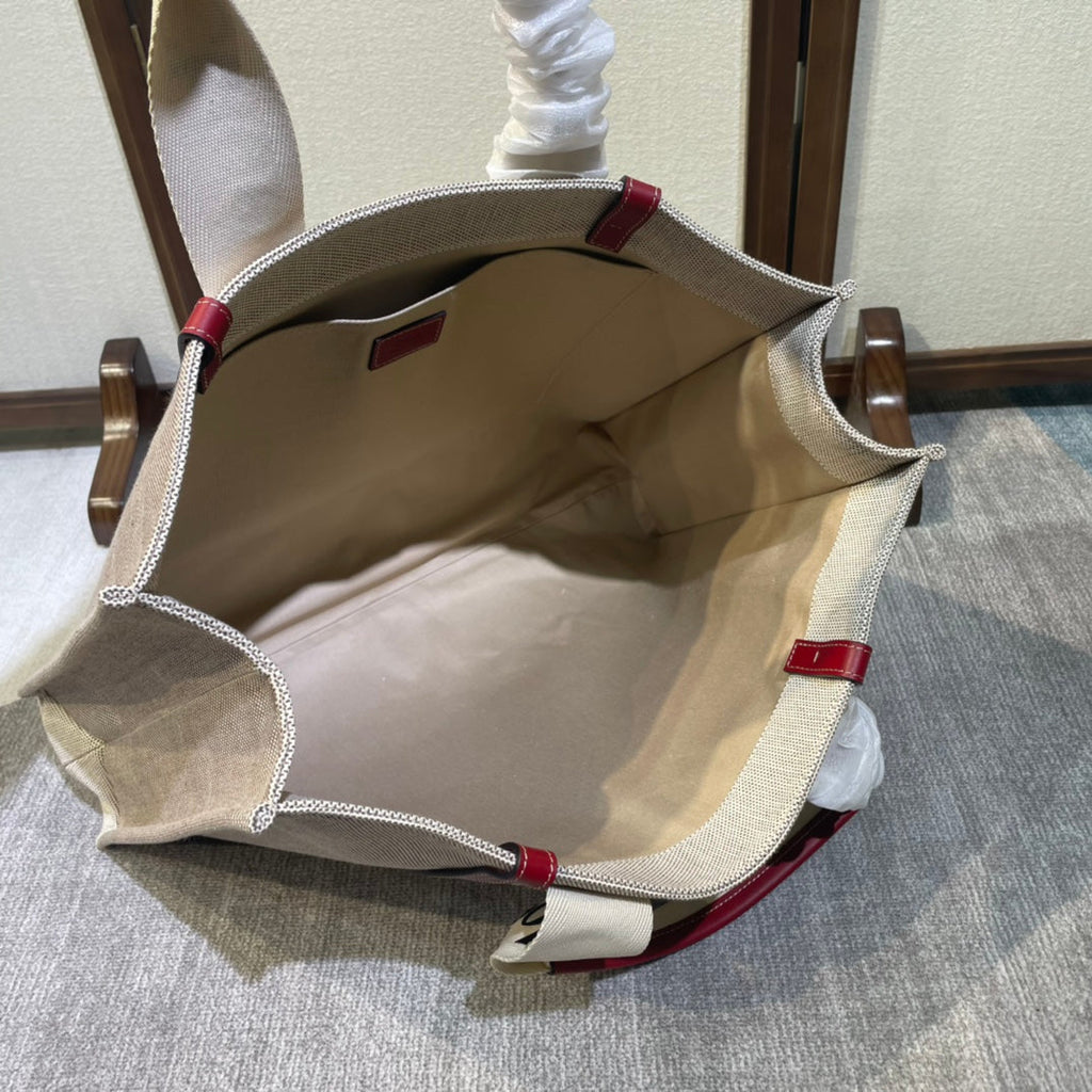 LAGRE WOODY TOTE BAG 45 IN BEIGE LINEN CANVAS BLACK WEBBING LOGO EMBROIDER RED CALFSKIN