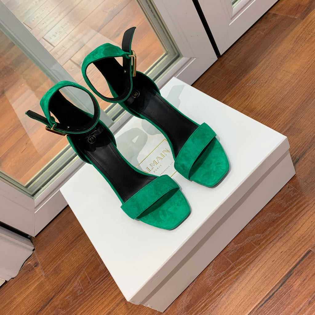 BALMAIN 25S THIN STRAP HIGH HEELS 105MM IN GREEN SUEDE GOLD HARDWARE