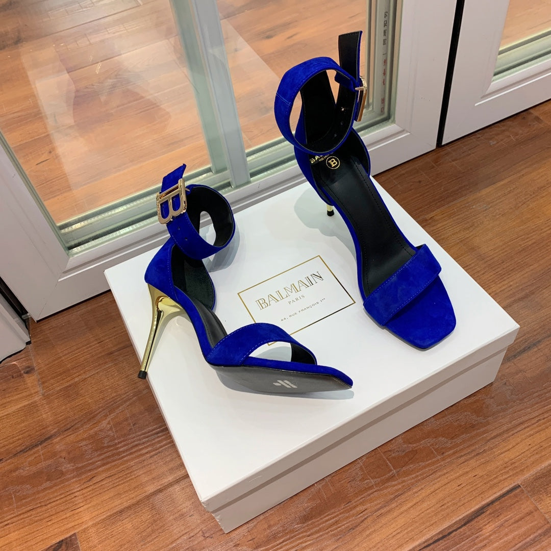 BALMAIN 25S THIN STRAP HIGH HEELS 105MM IN DARK BLUE SUEDE GOLD HARDWARE