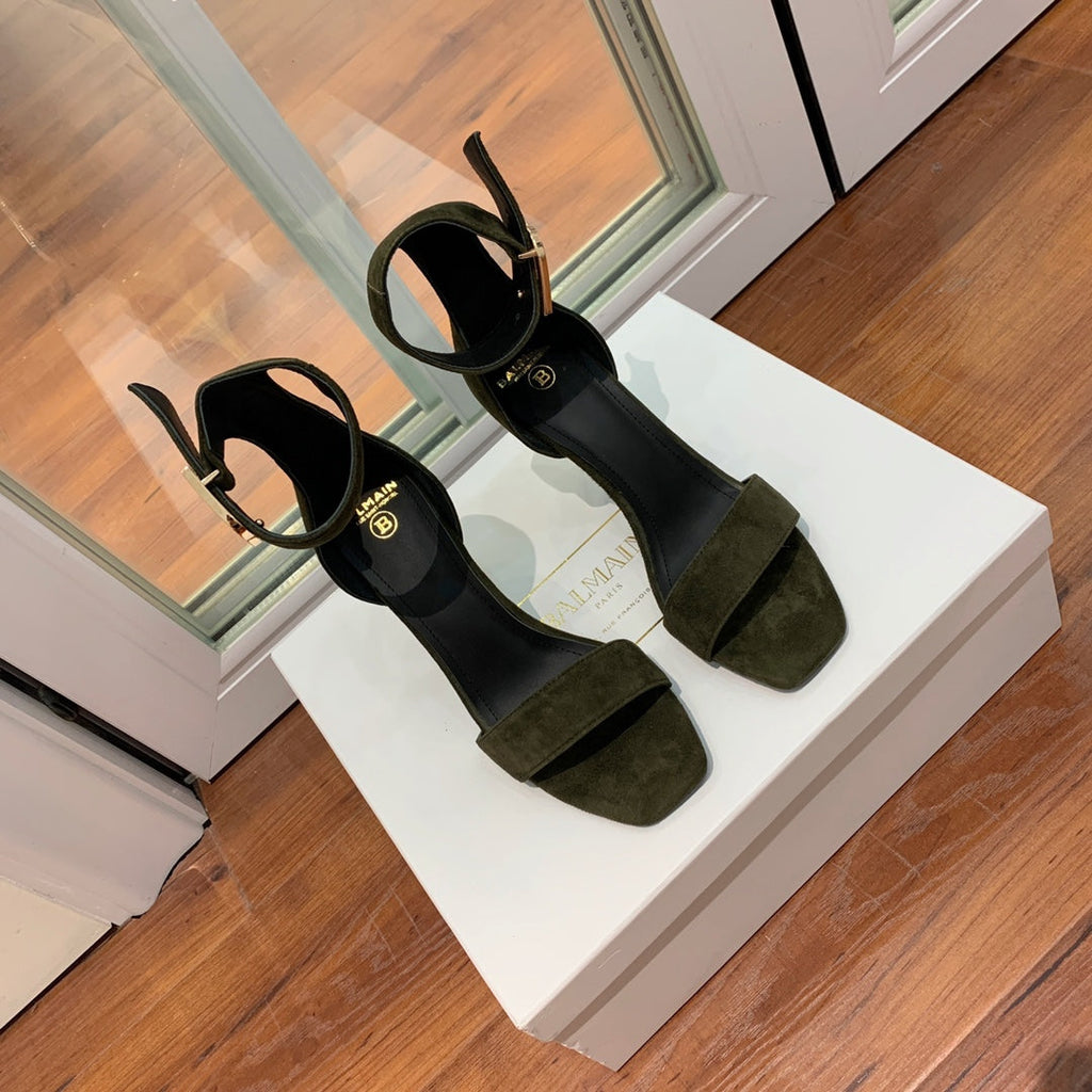 BALMAIN 25S THIN STRAP HIGH HEELS 105MM IN VERY DEEP OLIVE SUEDE GOLD HARDWARE