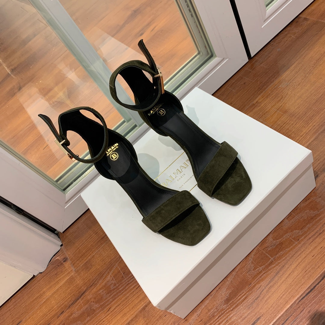 BALMAIN 25S THIN STRAP HIGH HEELS 105MM IN VERY DEEP OLIVE SUEDE GOLD HARDWARE