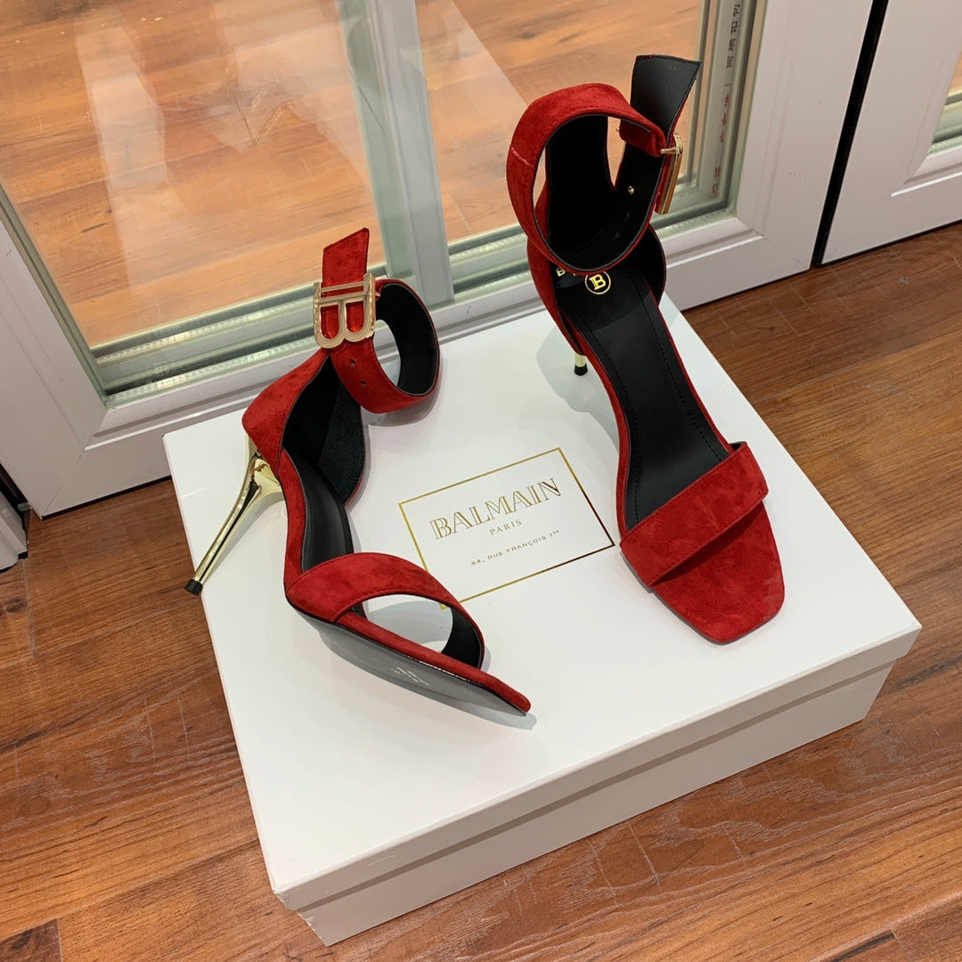 BALMAIN 25S THIN STRAP HIGH HEELS 105MM IN DARK RED SUEDE GOLD HARDWARE