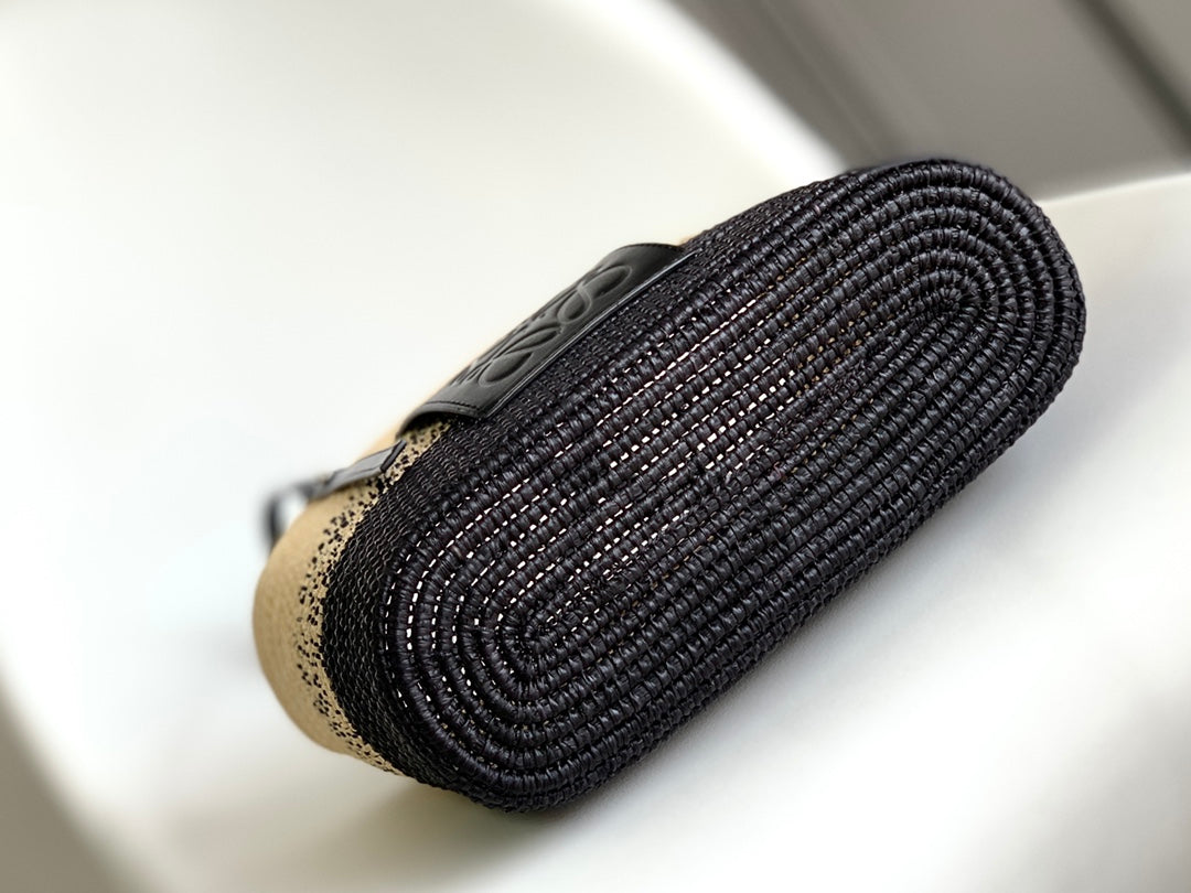 LOEWE 25S BASKET BAG 30 IN NATURAL MIX BLACK RAFFIA CALFSKIN SHOULDER STRAP
