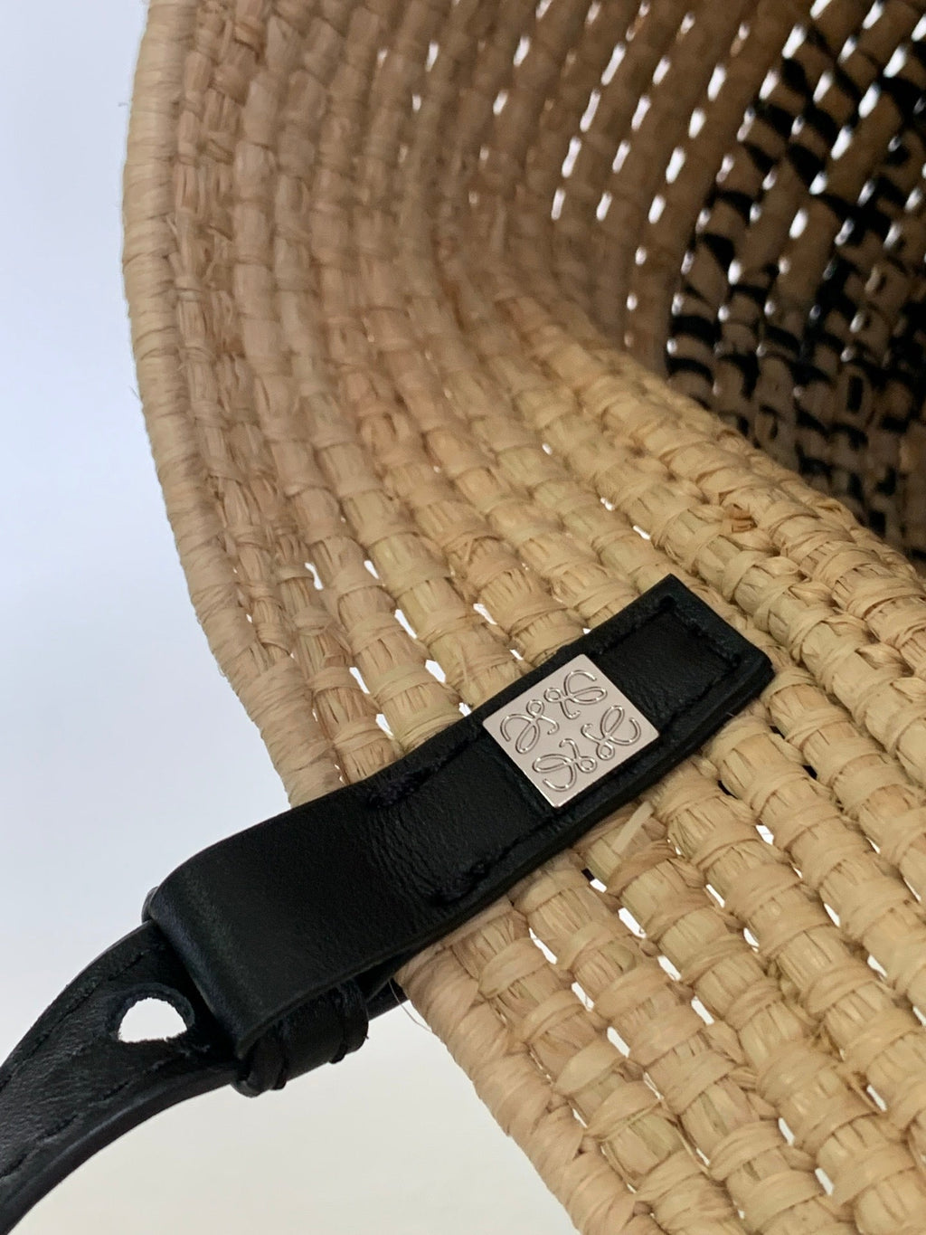 LOEWE 25S BASKET BAG 30 IN NATURAL MIX BLACK RAFFIA CALFSKIN SHOULDER STRAP