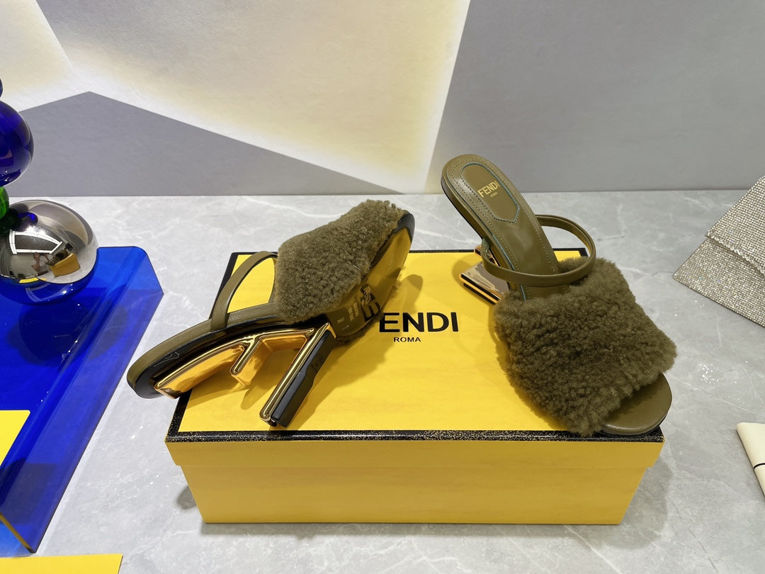 FENDI FIRST HIGH HEEL 95 MM SANDAL IN OLIVE GREEN MINK FUR