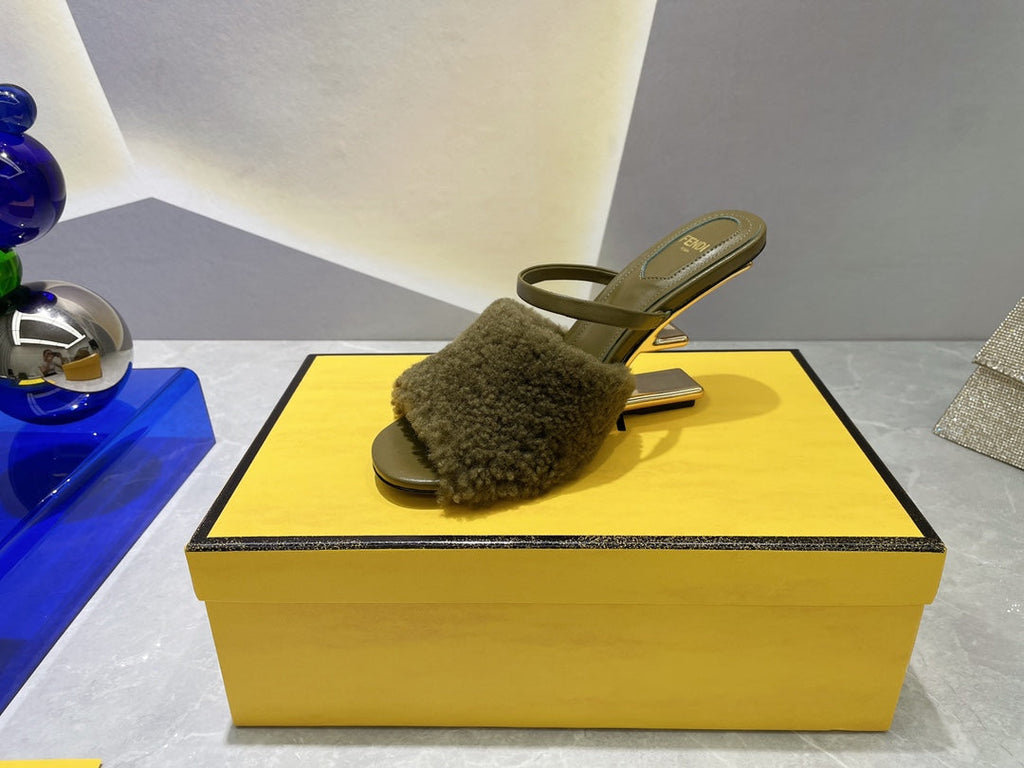 FENDI FIRST HIGH HEEL 95 MM SANDAL IN OLIVE GREEN MINK FUR