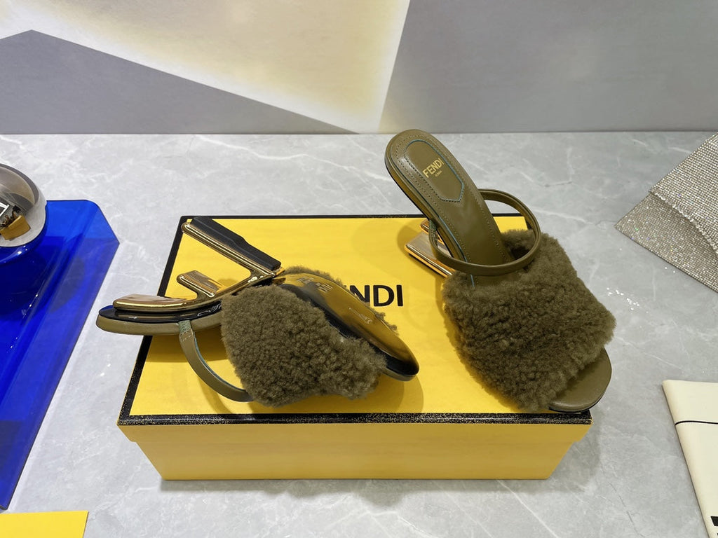 FENDI FIRST HIGH HEEL 95 MM SANDAL IN OLIVE GREEN MINK FUR