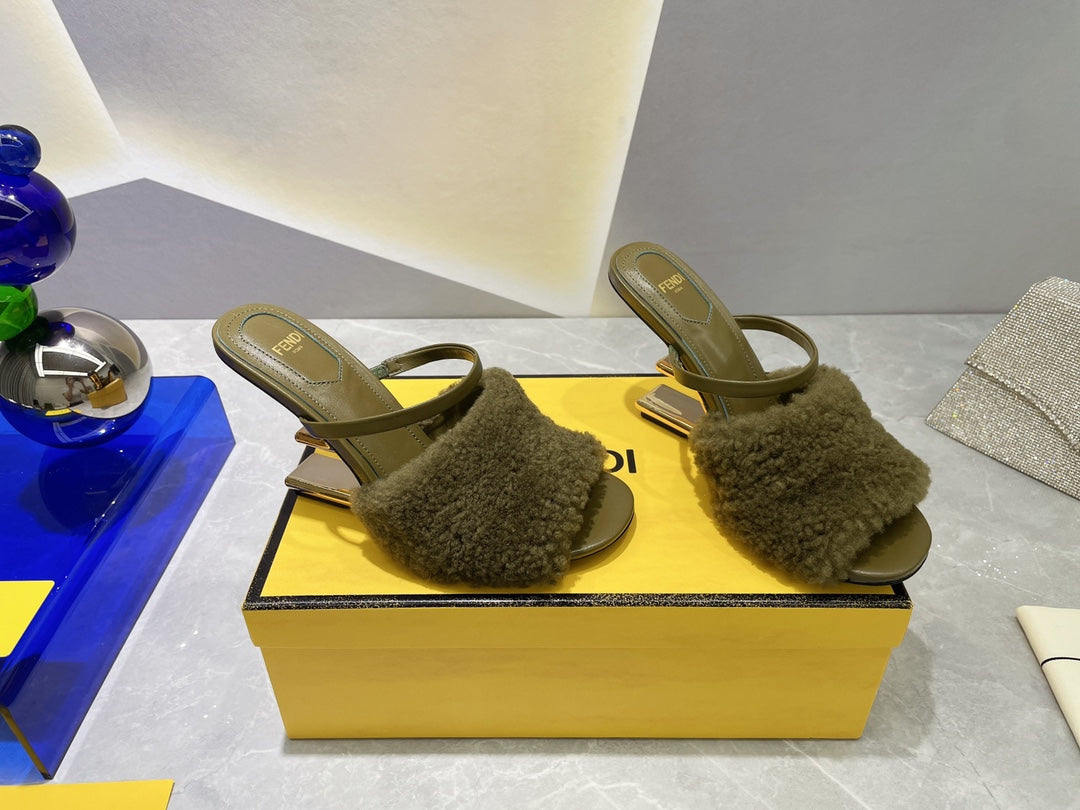 FENDI FIRST HIGH HEEL 95 MM SANDAL IN OLIVE GREEN MINK FUR
