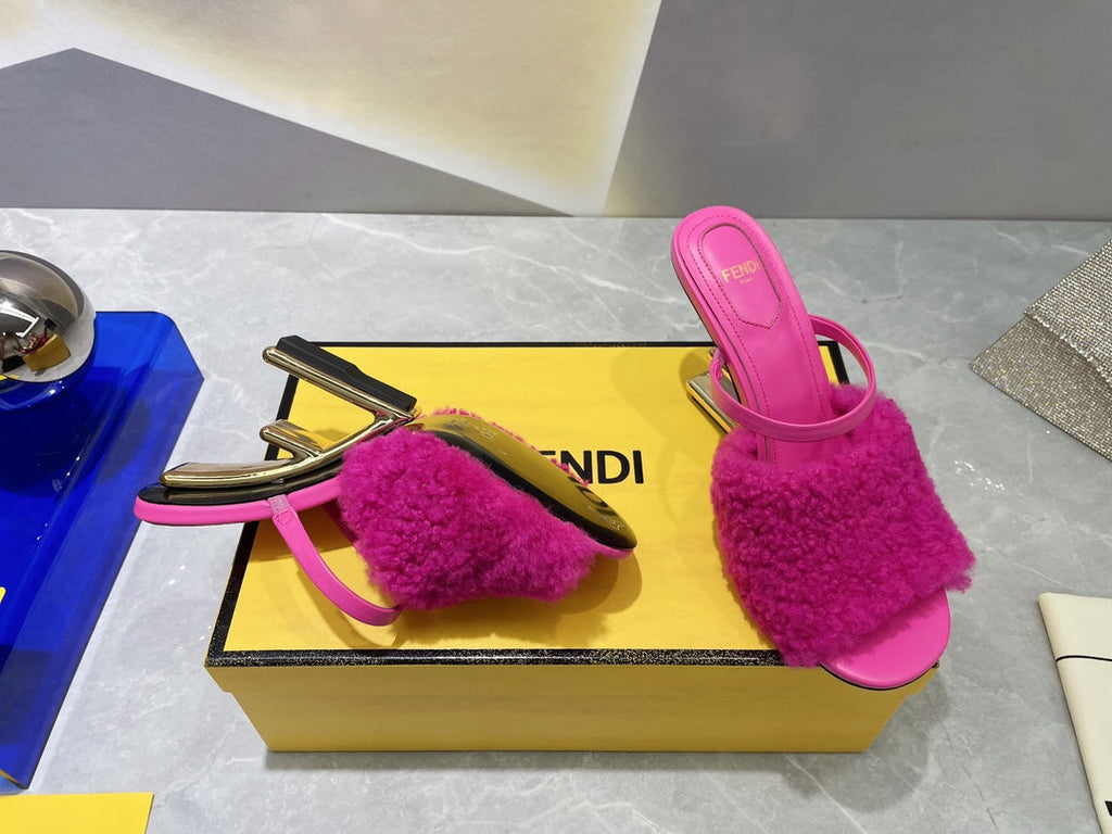 FENDI FIRST HIGH HEEL 95 MM SANDAL IN BRIGHT PINK MINK FUR