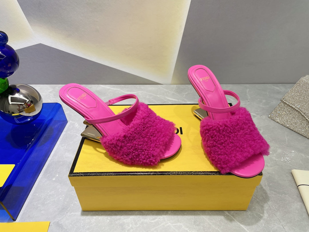 FENDI FIRST HIGH HEEL 95 MM SANDAL IN BRIGHT PINK MINK FUR