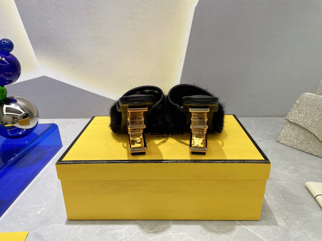 FENDI FIRST HIGH HEEL 95 MM SANDAL IN BLACK MINK FUR