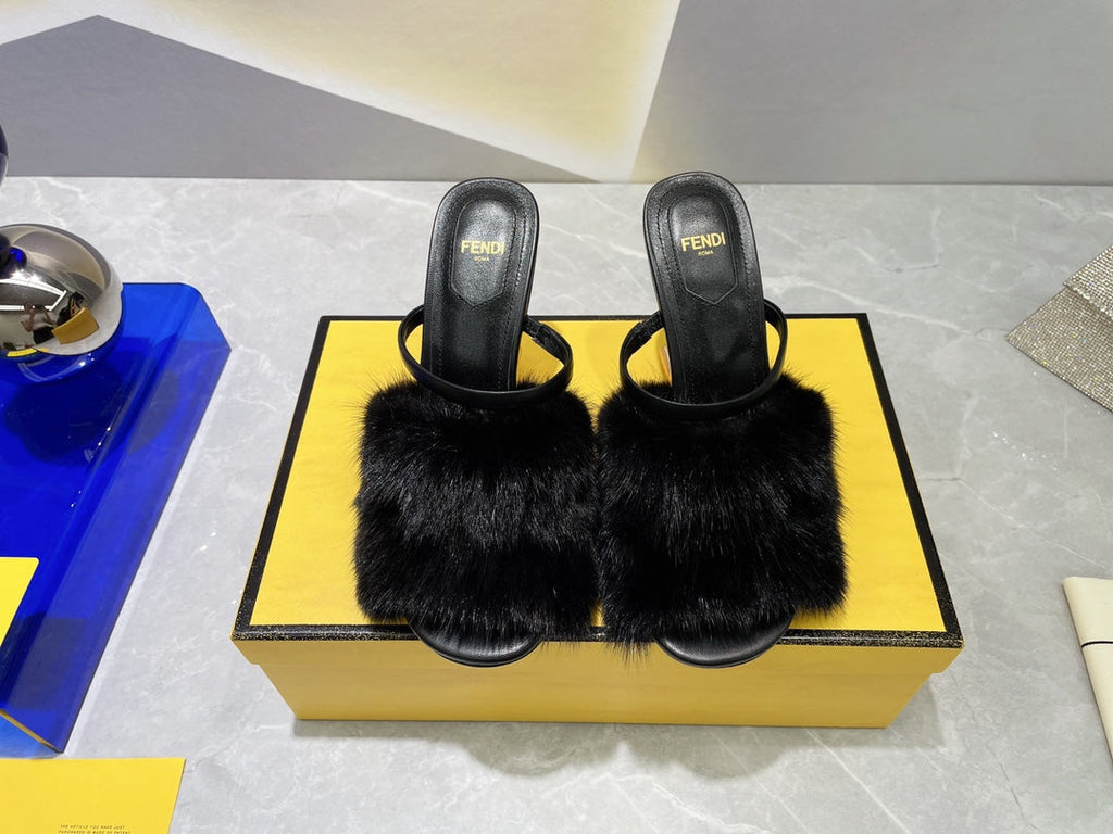FENDI FIRST HIGH HEEL 95 MM SANDAL IN BLACK MINK FUR