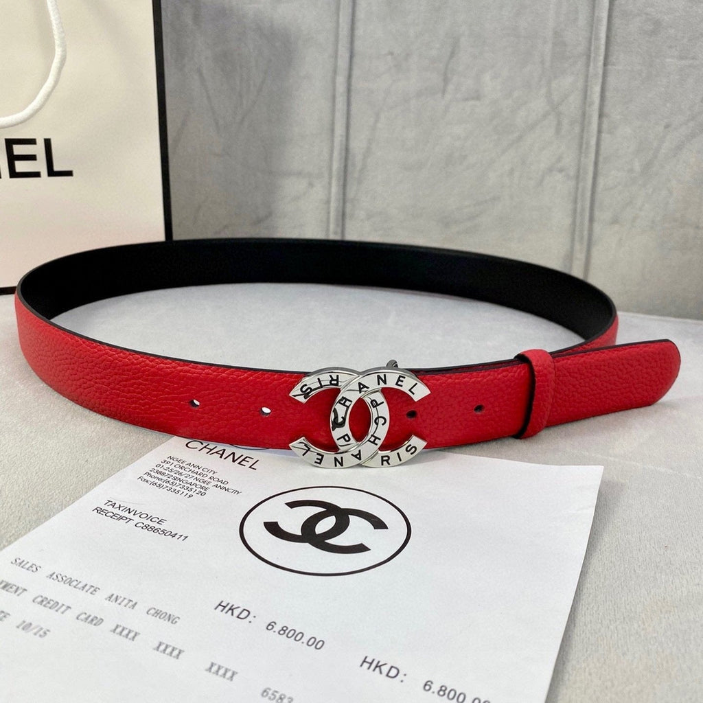 CC 30MM BELT IN CHERRY RED SMOOTH CALFSKIN WITH SILVER HARDWARE