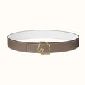 BOUCLE BELT BUCKLE & REVERSIBLE KHAKI BROWN AND WHITE LEATHER STRAP 38MM GOLD HARDWARE