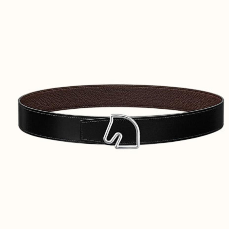BOUCLE BELT BUCKLE & REVERSIBLE CHOCOLATE BROWN AND BLACK LEATHER STRAP 38MM SILVER HARDWARE