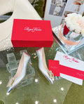 EFFLORESCENCE POINTED-TOE PUMPS IN SILVER SATIN WITH CRYSTAL BUCKLE
