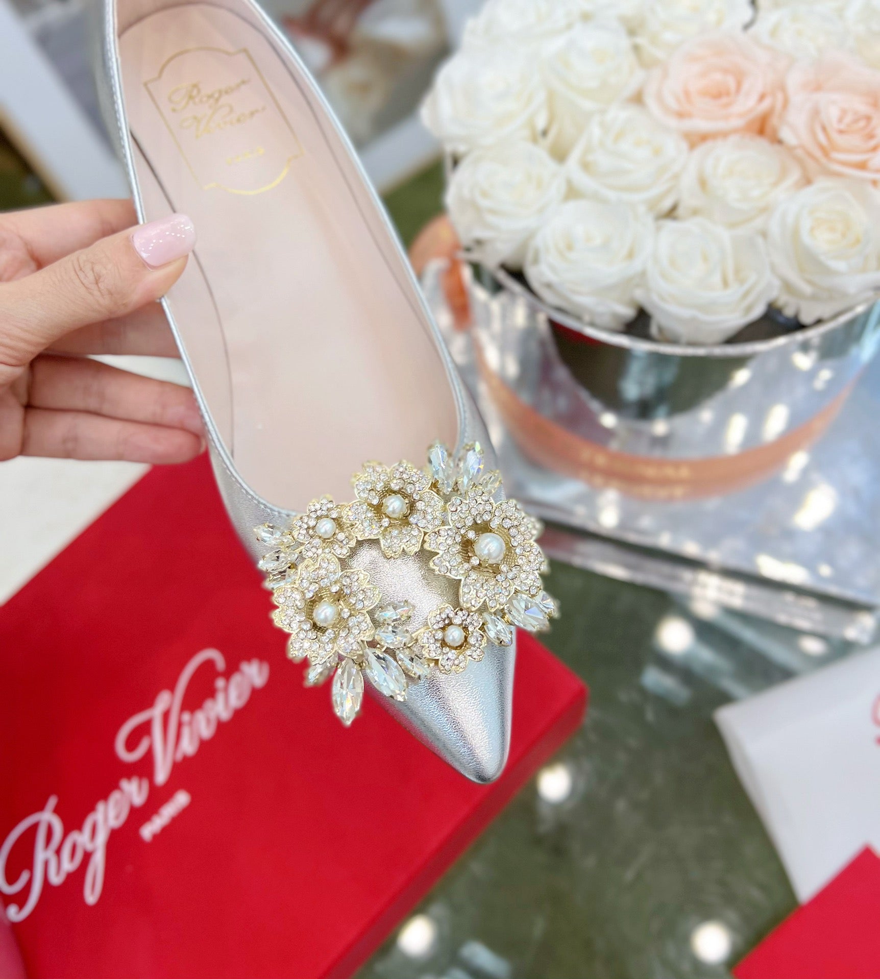 EFFLORESCENCE POINTED-TOE PUMPS IN SILVER SATIN WITH CRYSTAL BUCKLE
