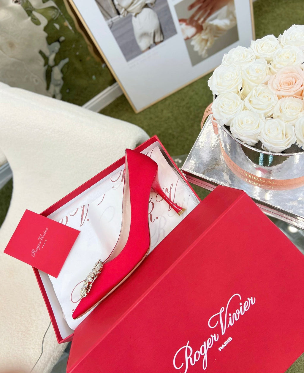 EFFLORESCENCE POINTED-TOE PUMPS IN RED SATIN WITH CRYSTAL BUCKLE