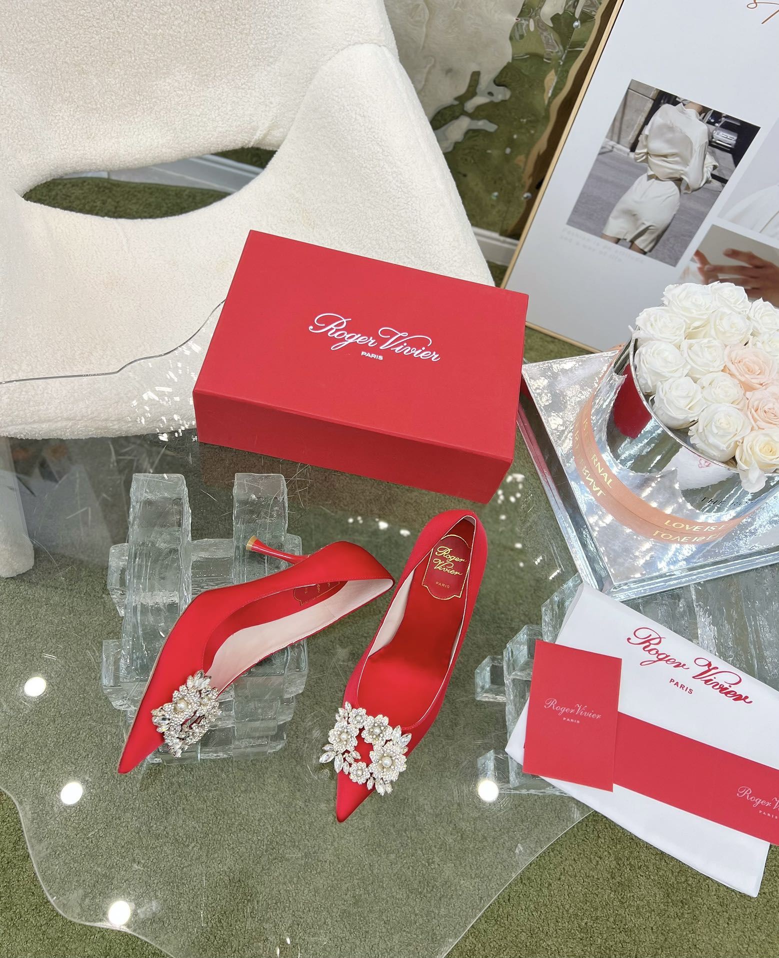 EFFLORESCENCE POINTED-TOE PUMPS IN RED SATIN WITH CRYSTAL BUCKLE