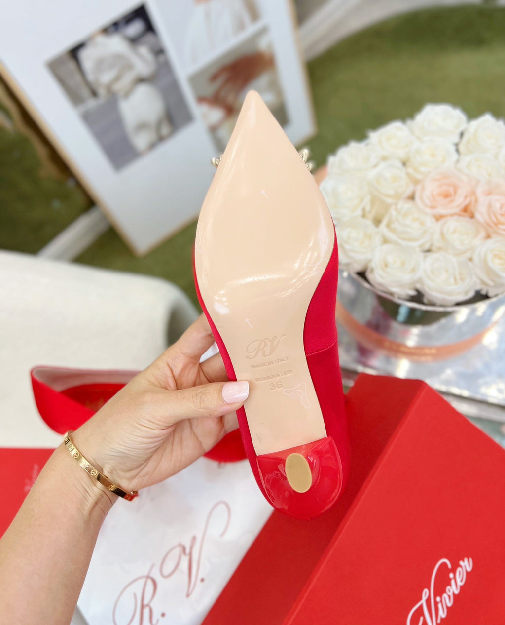 EFFLORESCENCE POINTED-TOE PUMPS IN RED SATIN WITH CRYSTAL BUCKLE