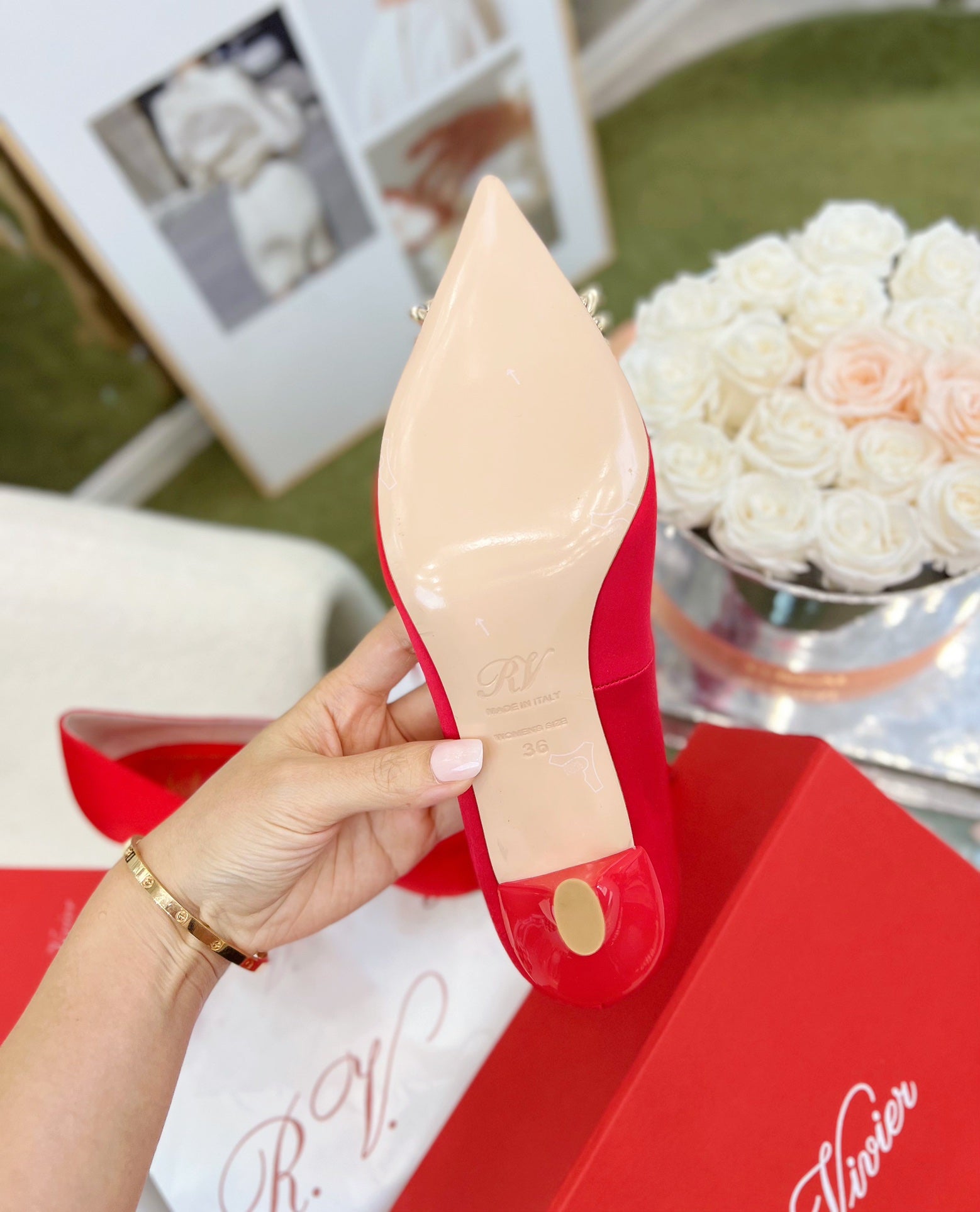 EFFLORESCENCE POINTED-TOE PUMPS IN RED SATIN WITH CRYSTAL BUCKLE
