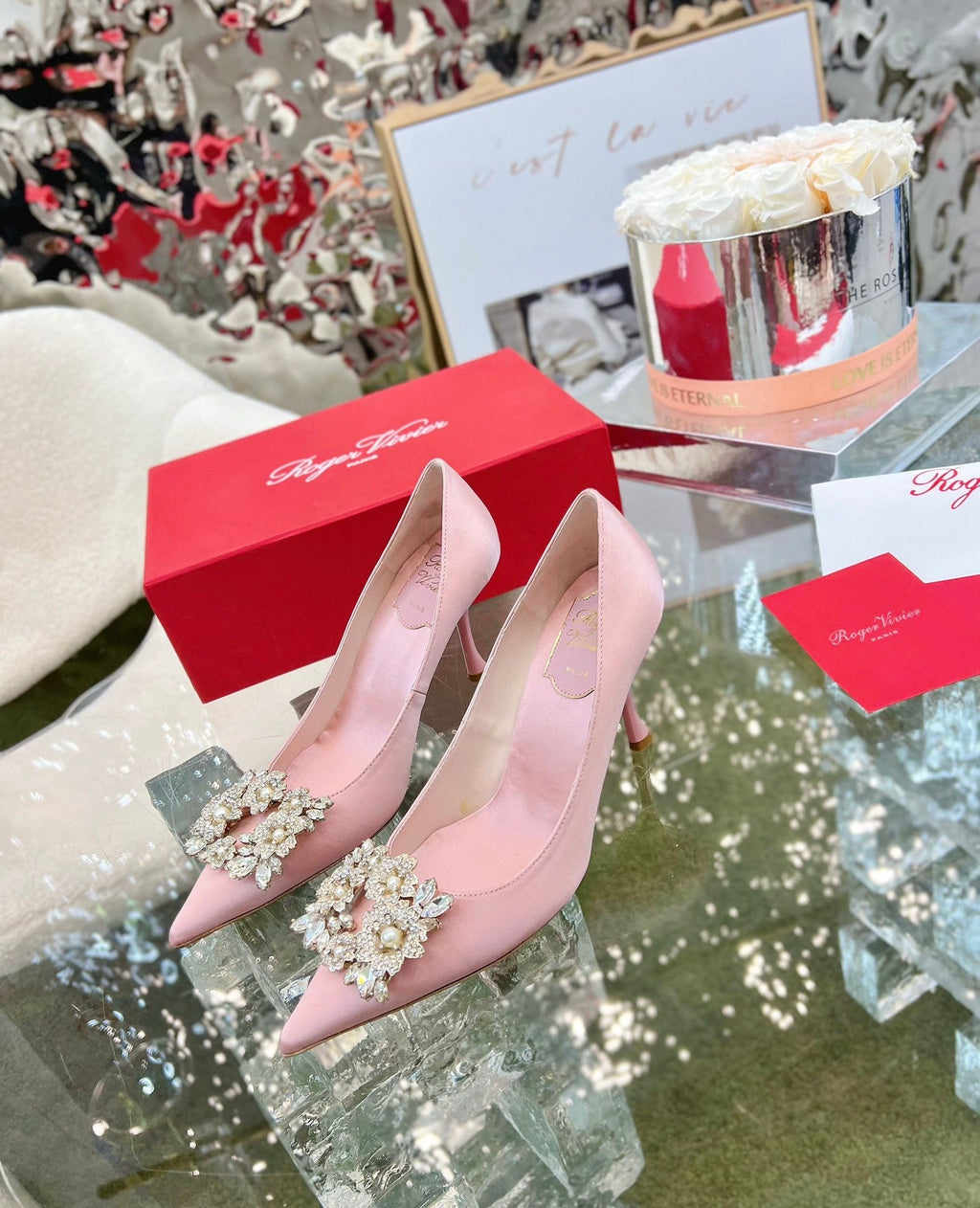 EFFLORESCENCE POINTED-TOE PUMPS IN YOUR PINK SATIN WITH CRYSTAL BUCKLE