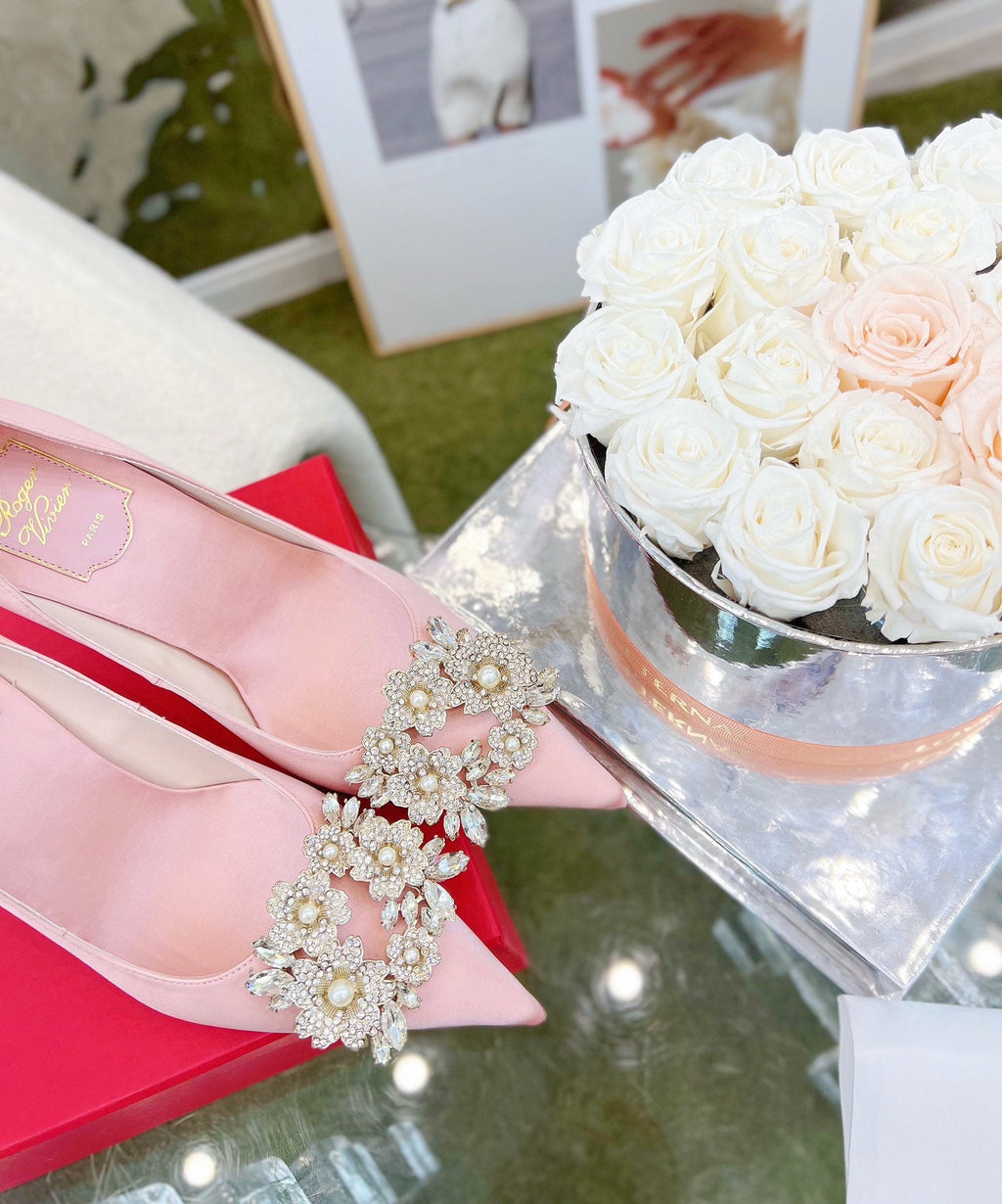 EFFLORESCENCE POINTED-TOE PUMPS IN YOUR PINK SATIN WITH CRYSTAL BUCKLE