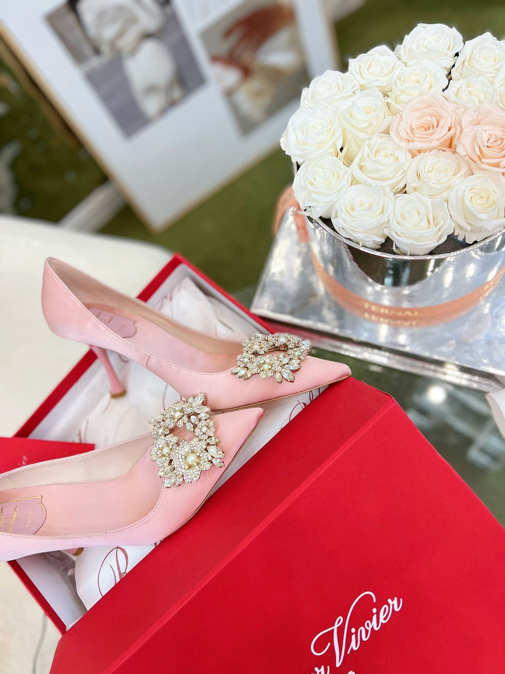 EFFLORESCENCE POINTED-TOE PUMPS IN YOUR PINK SATIN WITH CRYSTAL BUCKLE