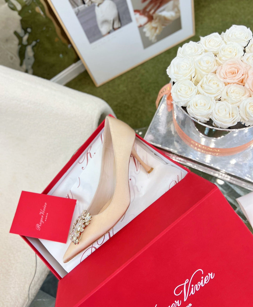 EFFLORESCENCE POINTED-TOE PUMPS IN NUDE SATIN WITH CRYSTAL BUCKLE