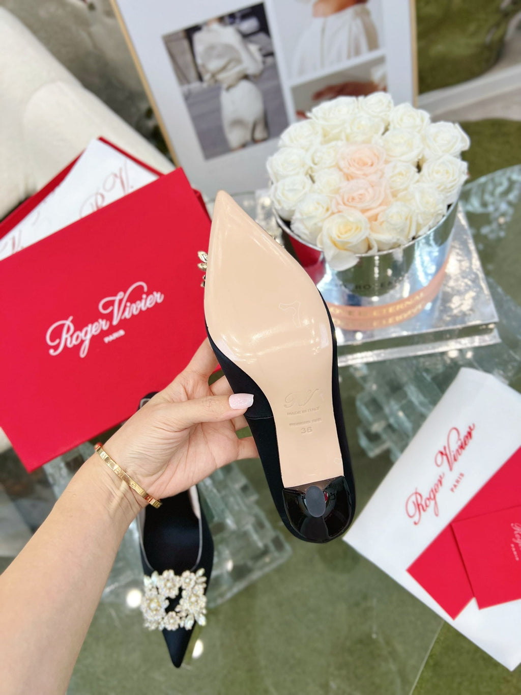 EFFLORESCENCE POINTED-TOE PUMPS IN BLACK SATIN WITH CRYSTAL BUCKLE